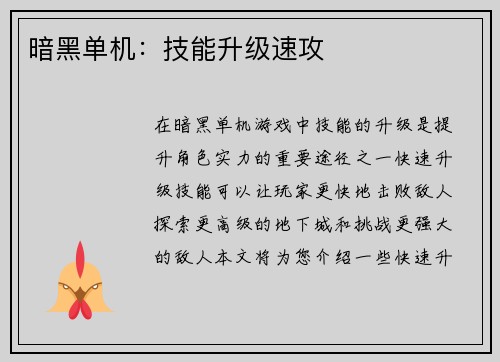 暗黑单机：技能升级速攻